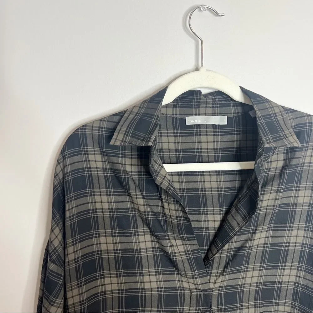 Vince Plaid Easy Pullover Cotton Dress in Military - Picture 4 of 6